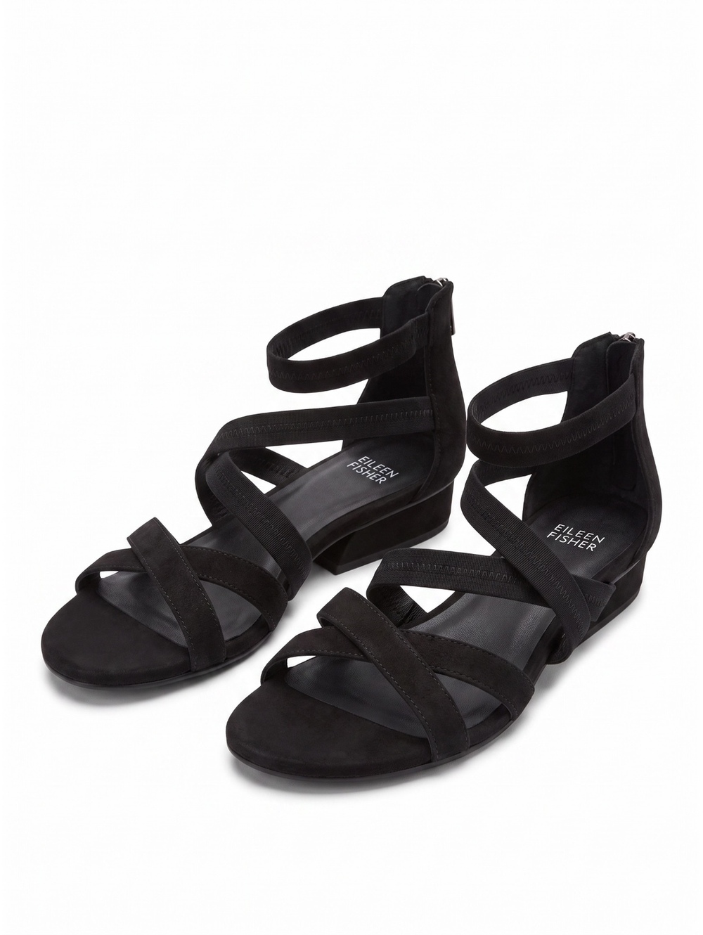 Eileen Fisher Black Leather Strappy Flat Sandals Back Zip Women's Size 6